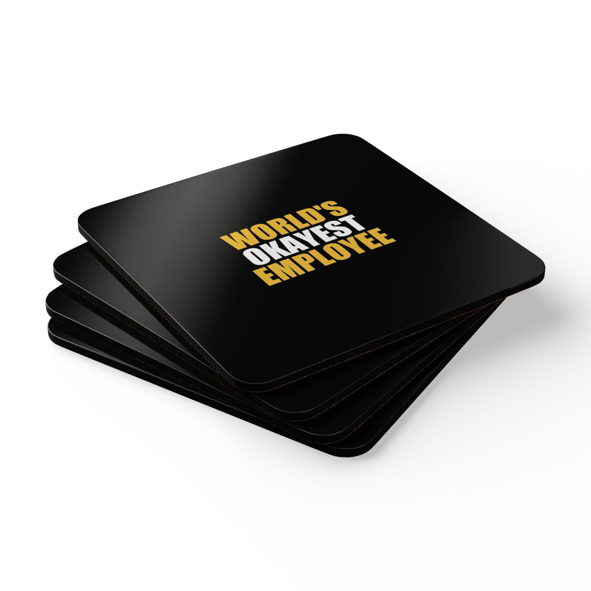 World's Okayest Employee Coaster Set - dark humor coaster set - lifestyle mockup | Stoney Tshirts