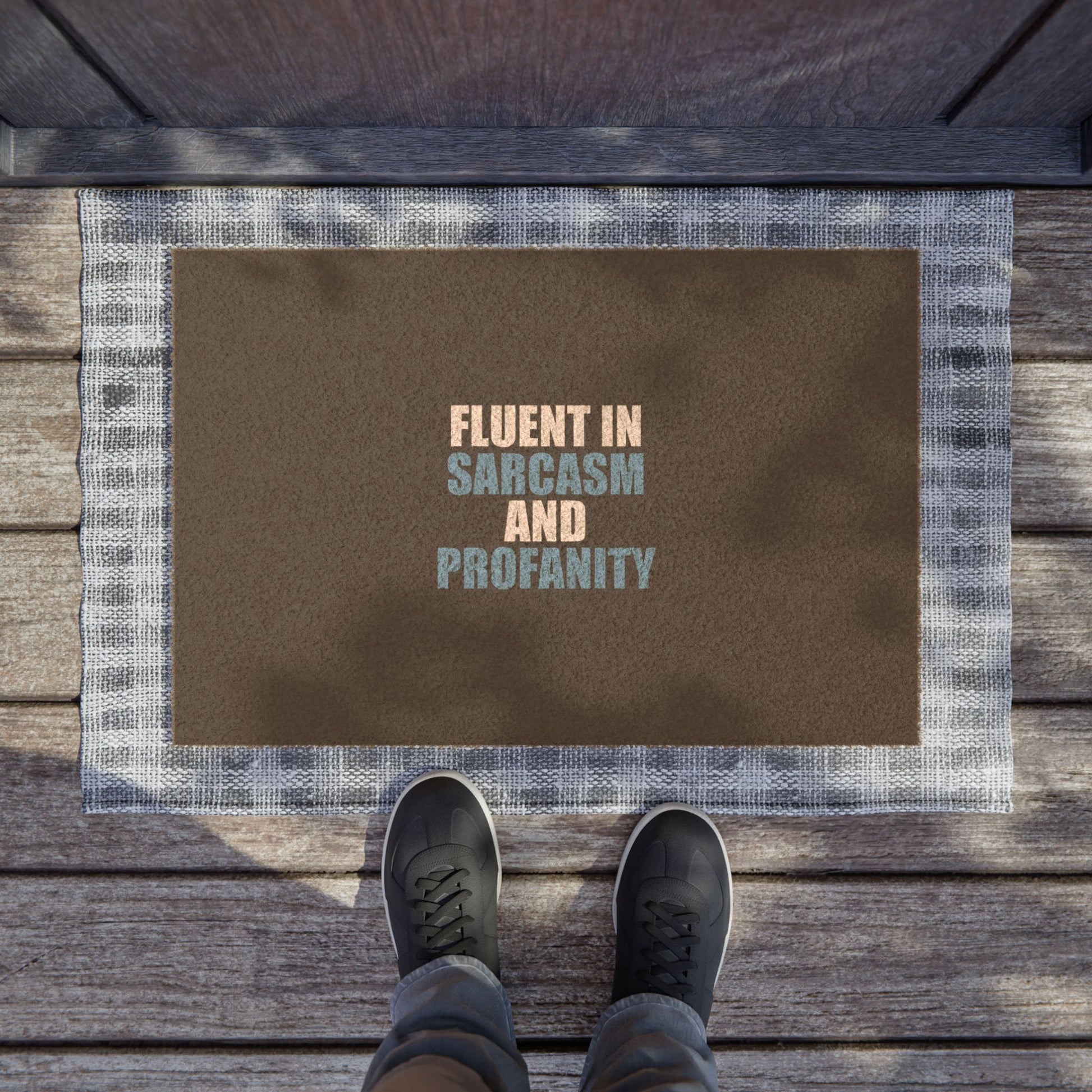 Fluent In Sarcasm Doormat - funny dark humor doormat - lifestyle mockup | Stoney Tshirts