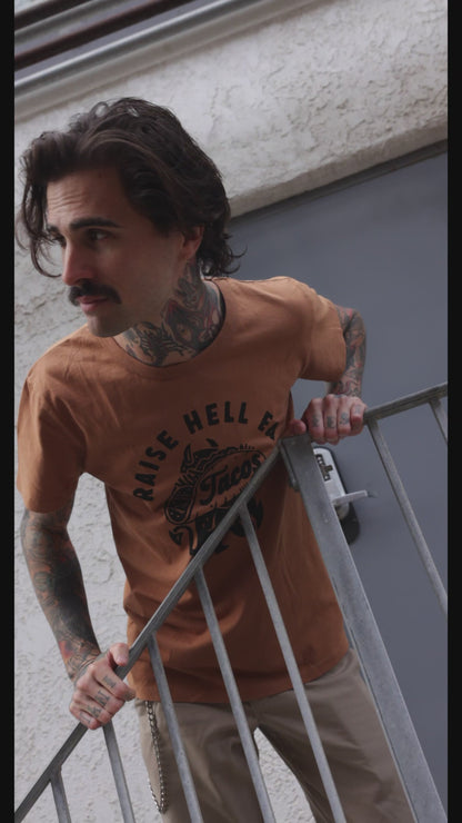 Raise Hell Eat Tacos Tee - dark humor t-shirt - detail view | Stoney Tshirts