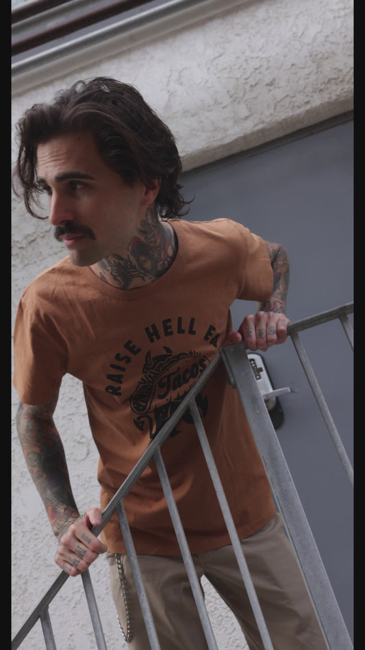 Raise Hell Eat Tacos Tee - dark humor t-shirt - detail view | Stoney Tshirts