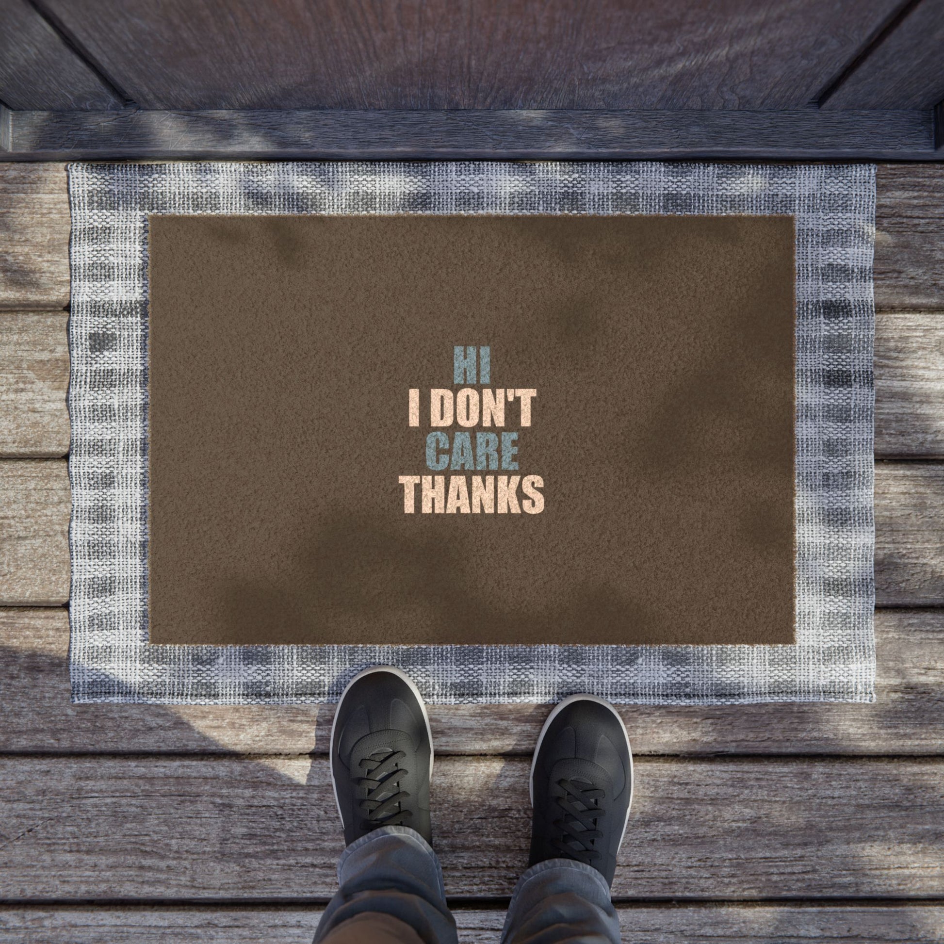 Hi I Don't Care Thanks Doormat - funny dark humor doormat - lifestyle mockup | Stoney Tshirts