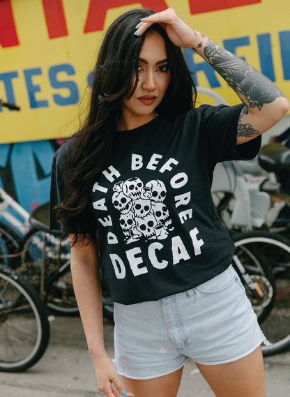 Death Before Decaf Tee - dark humor t-shirt - detail view | Stoney Tshirts
