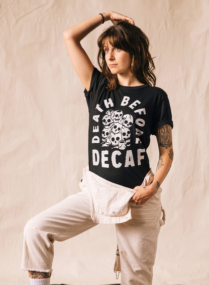 Death Before Decaf Tee - dark humor t-shirt - front view | Stoney Tshirts