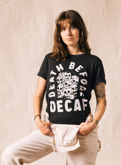 Death Before Decaf Tee - dark humor t-shirt - alternate angle | Stoney Tshirts