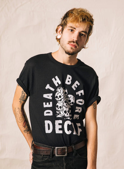 Death Before Decaf Tee - dark humor t-shirt - size chart | Stoney Tshirts