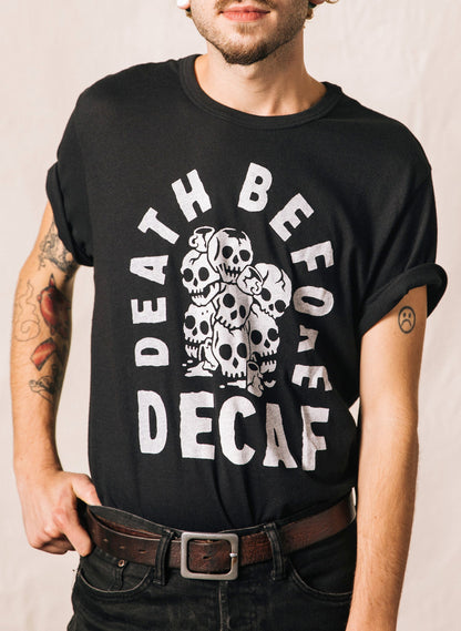 Death Before Decaf Tee - dark humor t-shirt - back view | Stoney Tshirts