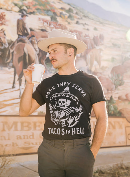 Hope They Serve Tacos in Hell Tee - dark humor t-shirt - detail view | Stoney Tshirts