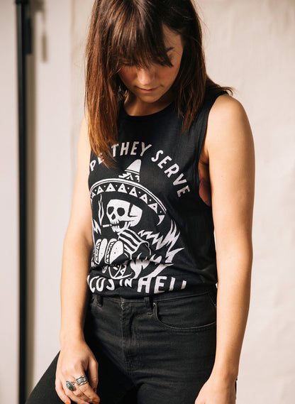 Hope They Serve Tacos in Hell Muscle Tee - dark humor muscle tee - detail view | Stoney Tshirts