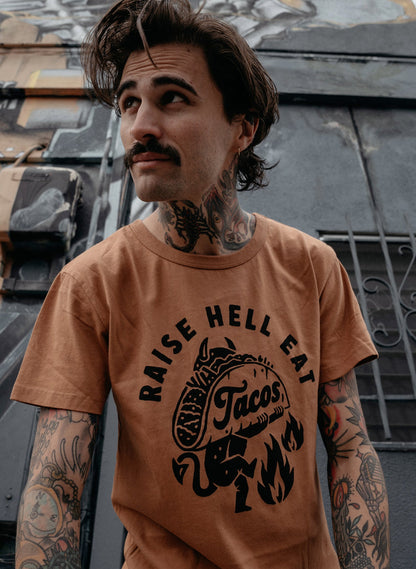 Raise Hell Eat Tacos Tee - dark humor t-shirt - lifestyle mockup | Stoney Tshirts