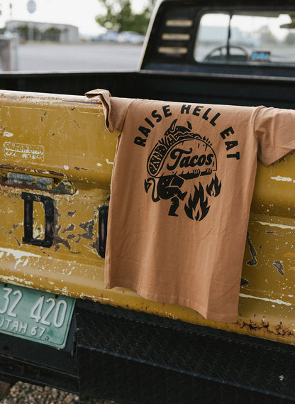 Raise Hell Eat Tacos Tee - dark humor t-shirt - size chart | Stoney Tshirts